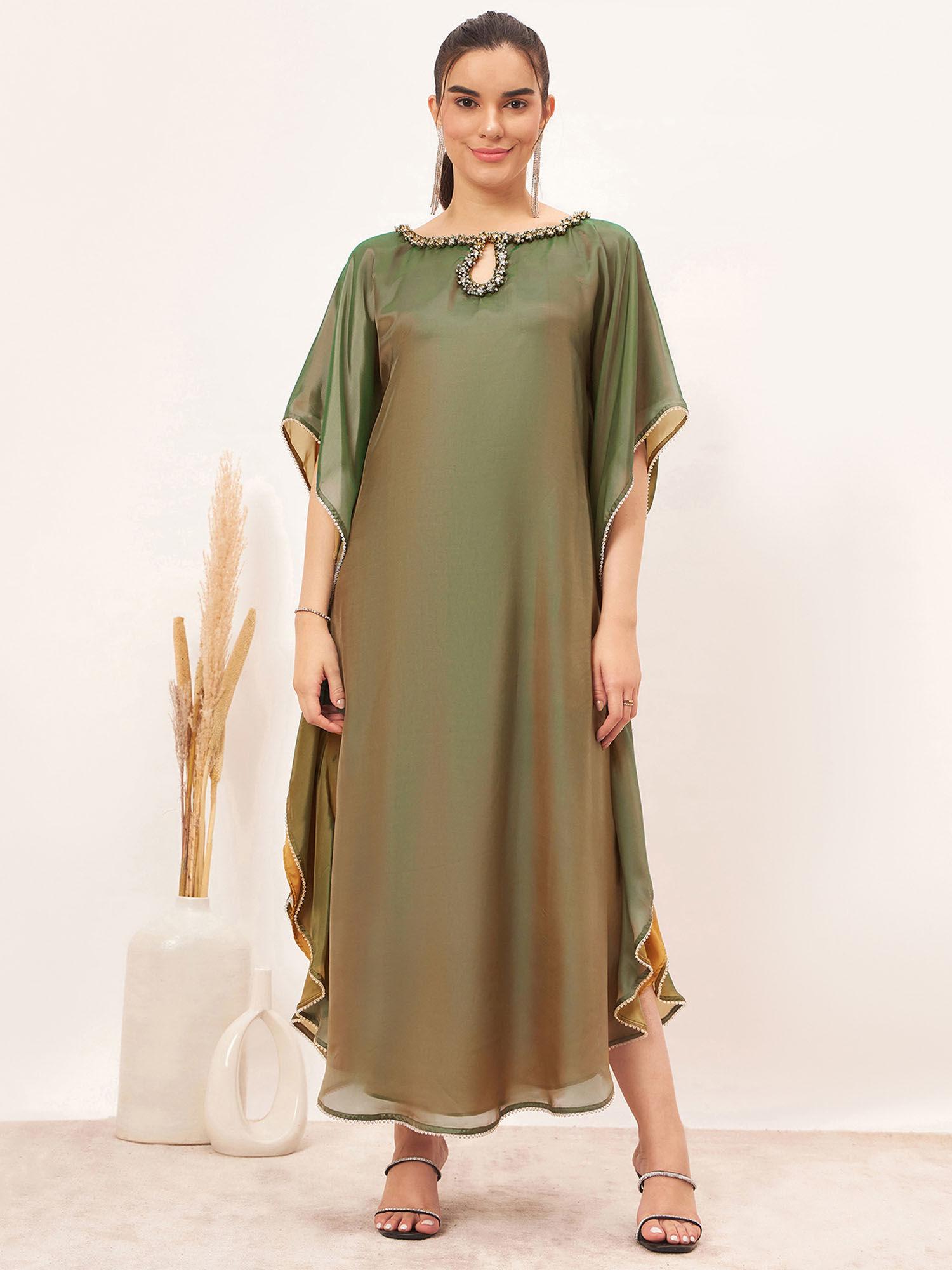 green crystal embellished kaftan maxi dress