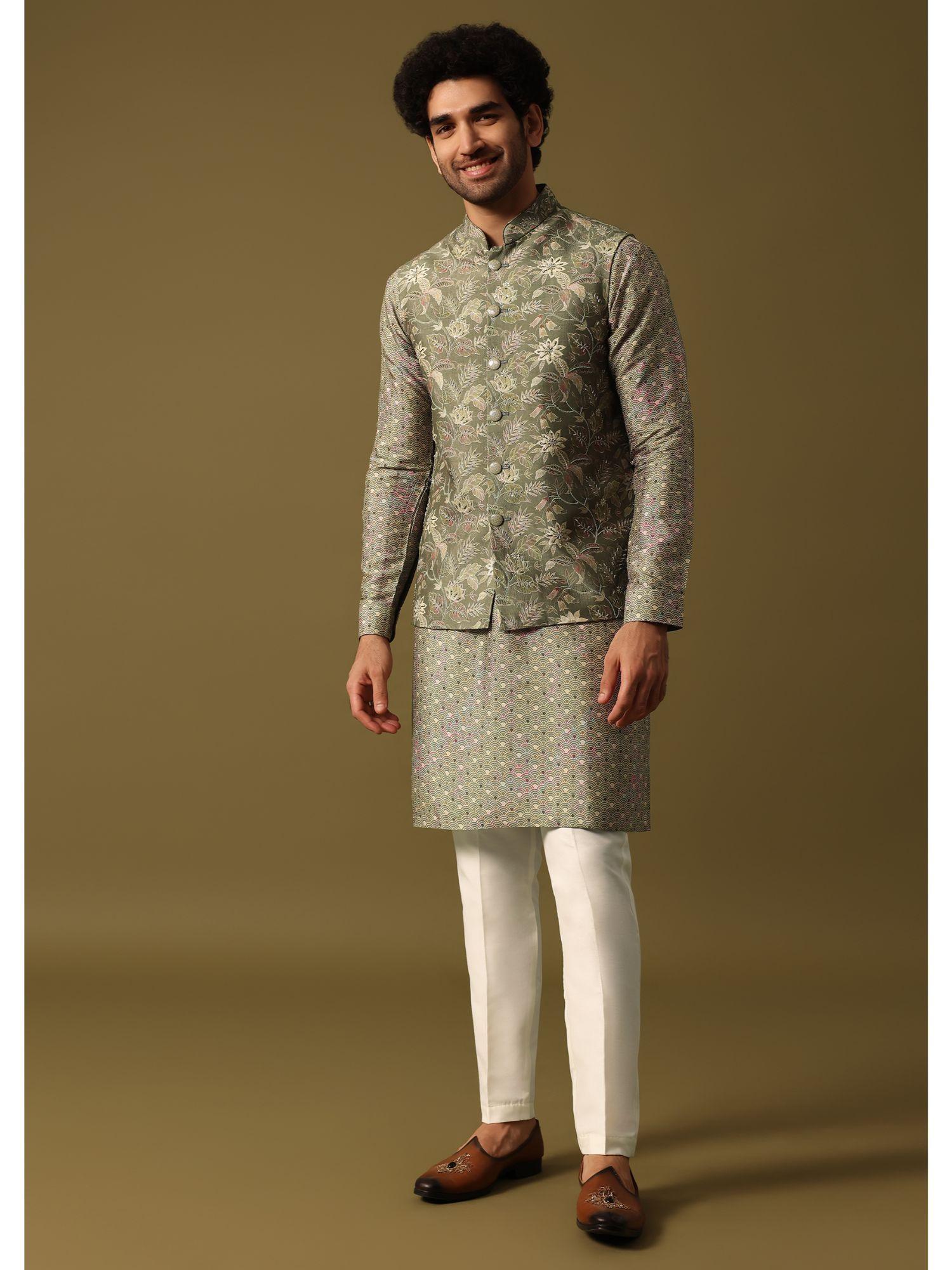 green cutdana printed kurta with jacket with pant for men (set of 3)