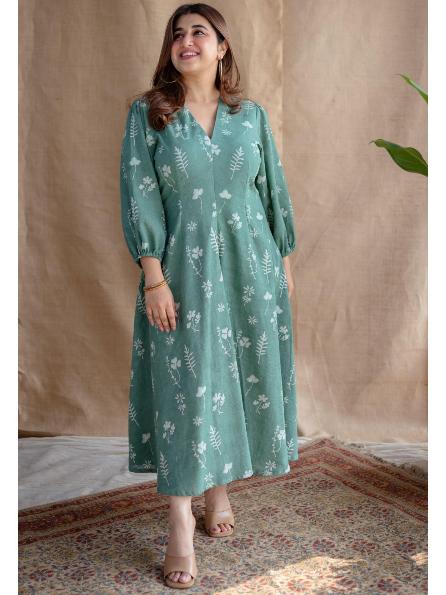 green dabu slub cotton dress