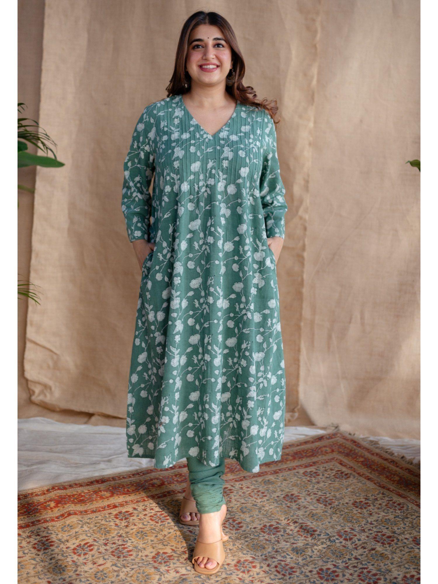 green dabu slub cotton kurta