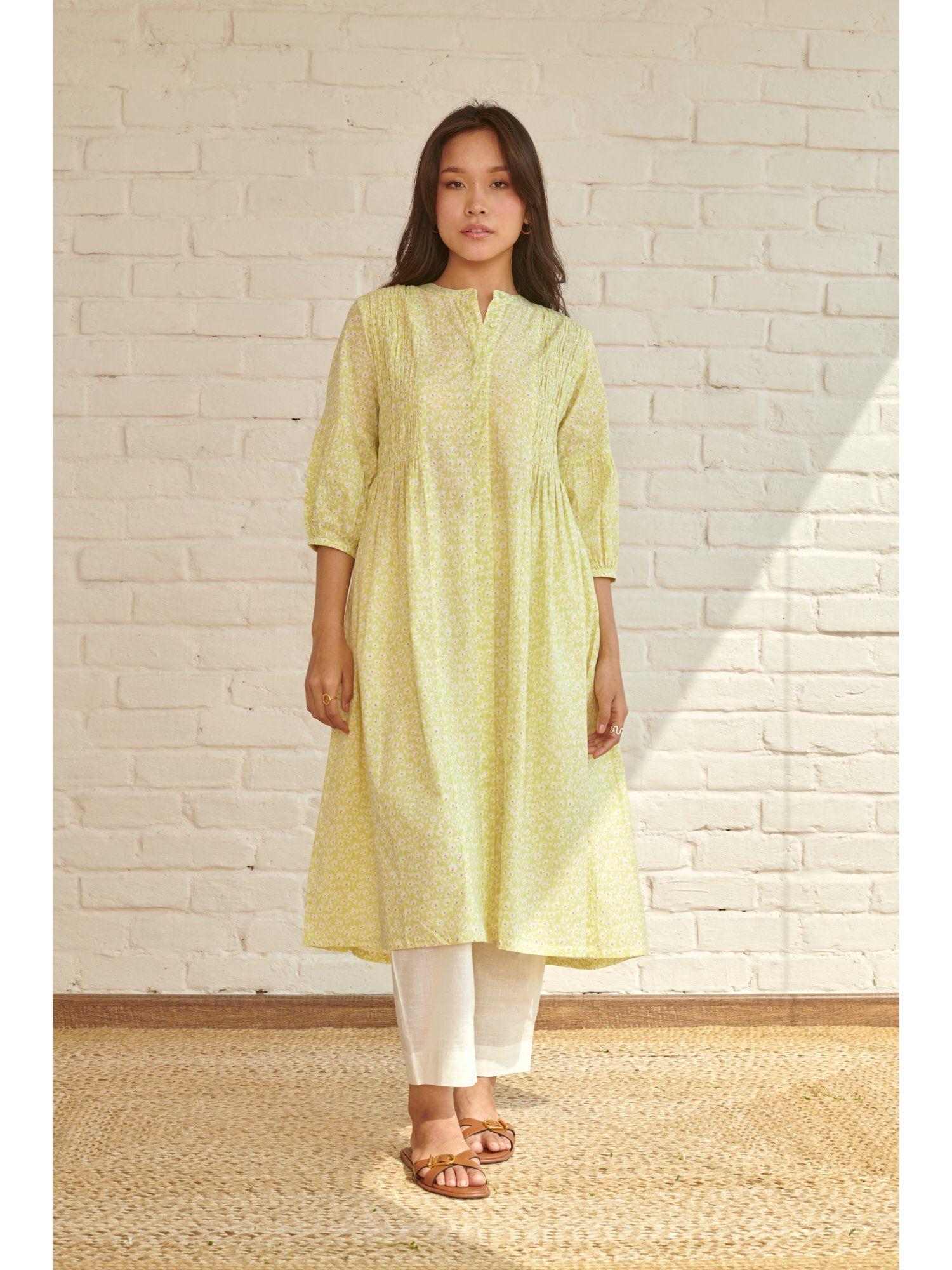 green daffodil smocked kurta