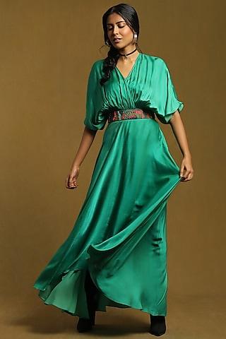 green dehri satin embroidered dress