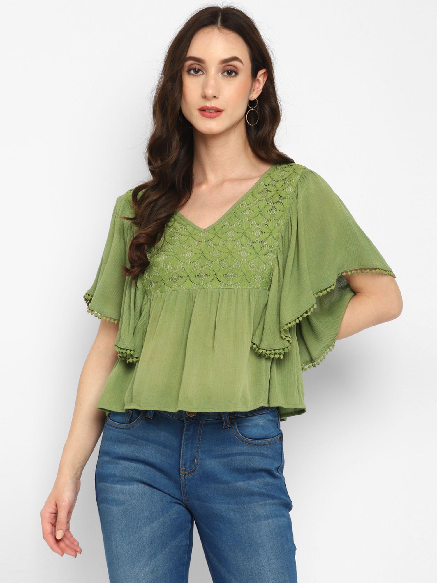 green detailing rayon crepe top for women