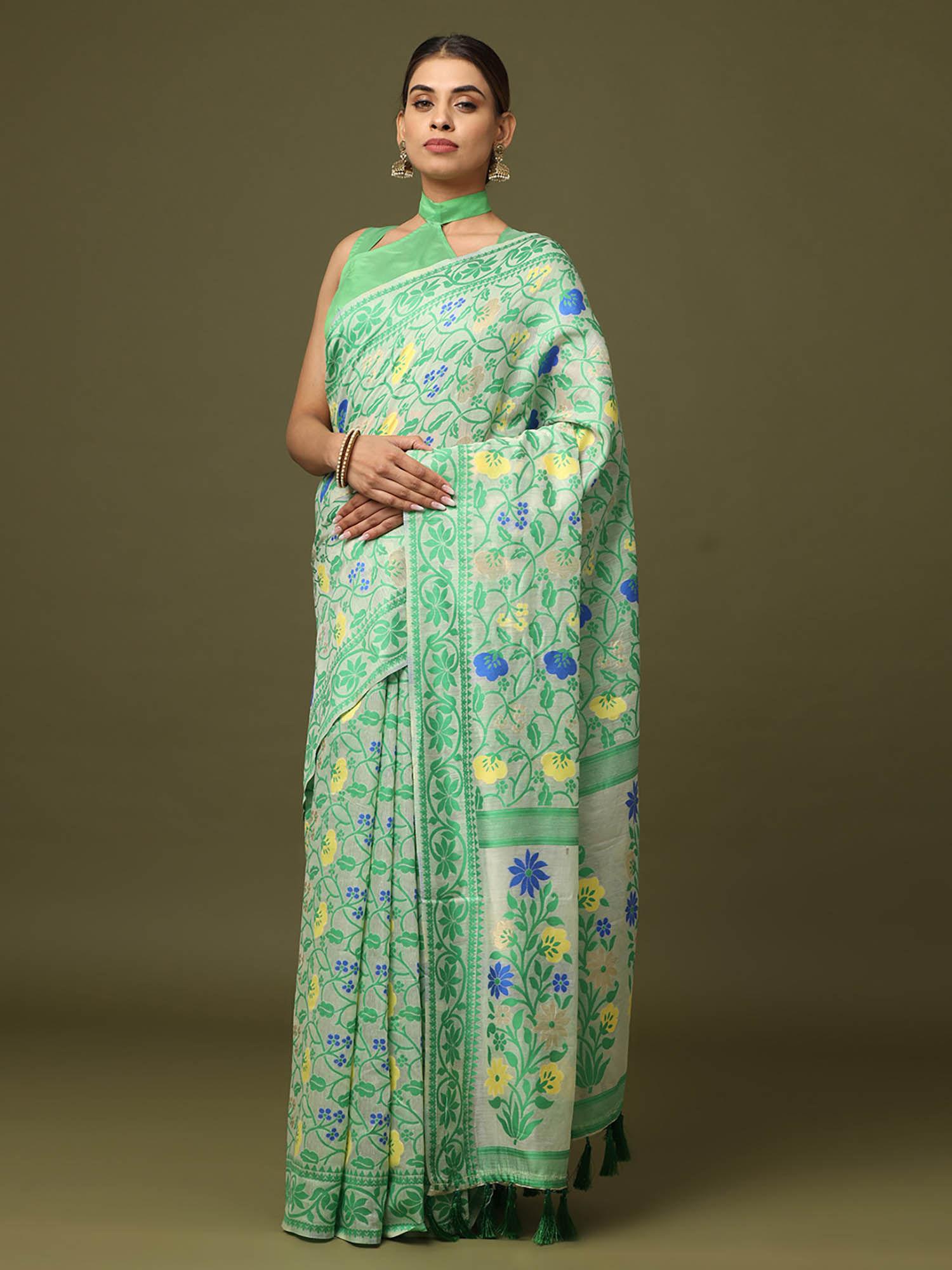 green dhakai jamdani saree with unstitched blouse