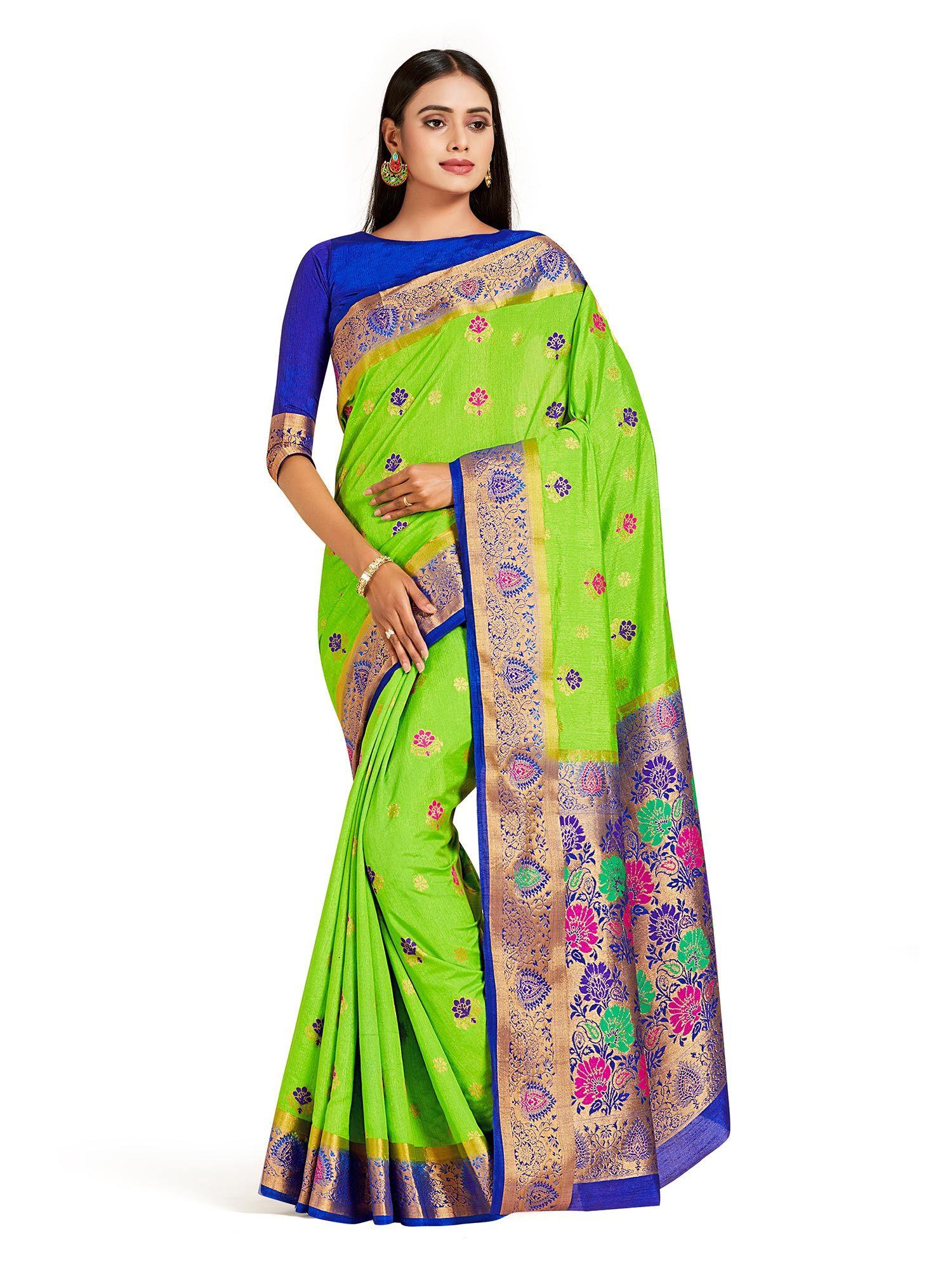 green dharmavaram style art silk saree with unstitched blouse