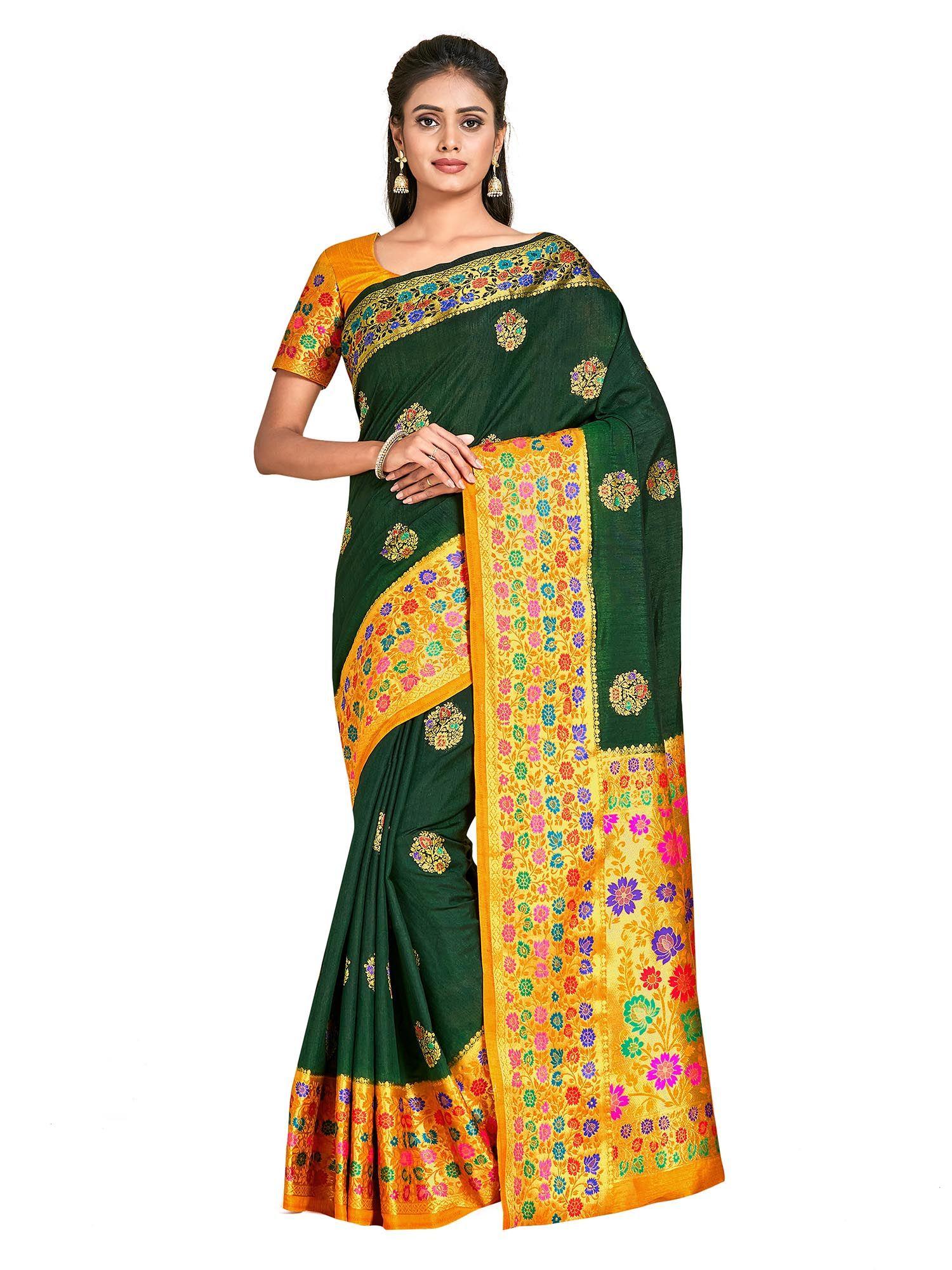 green dharmavaram style art silk saree with unstitched blouse