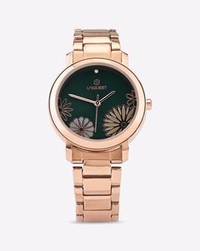 green dial analogue fashion watch with steel strap for women