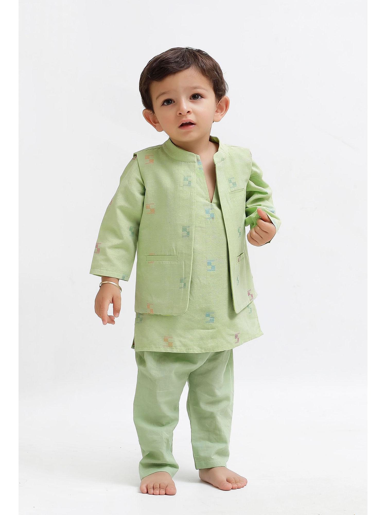 green dobby kurta and green pant with green dobby nehru jacket (set of 3)