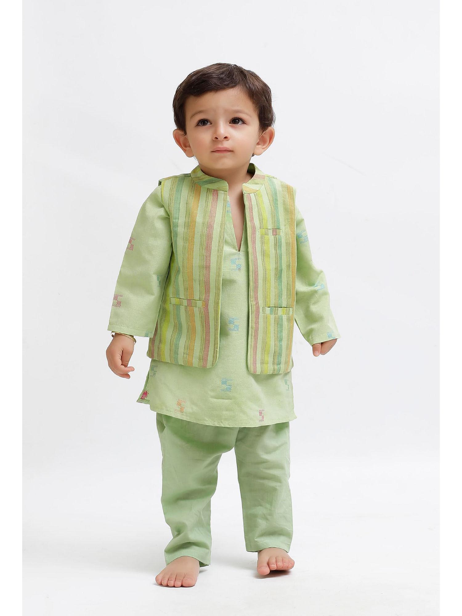 green dobby kurta and green pant with green striped nehru jacket (set of 3)