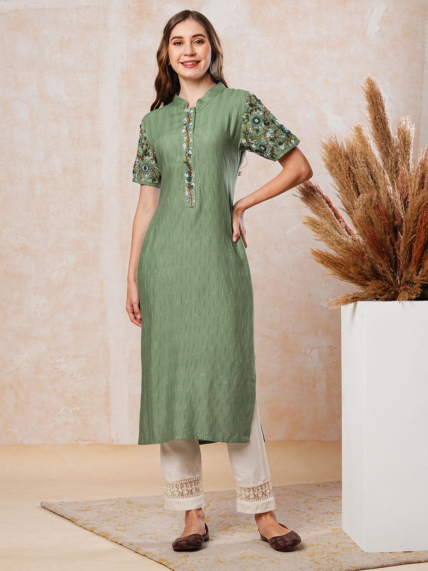 green dobby striped and sequins embroidered kurta