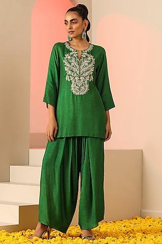 green dola silk zardosi embroidered kurta set for girls