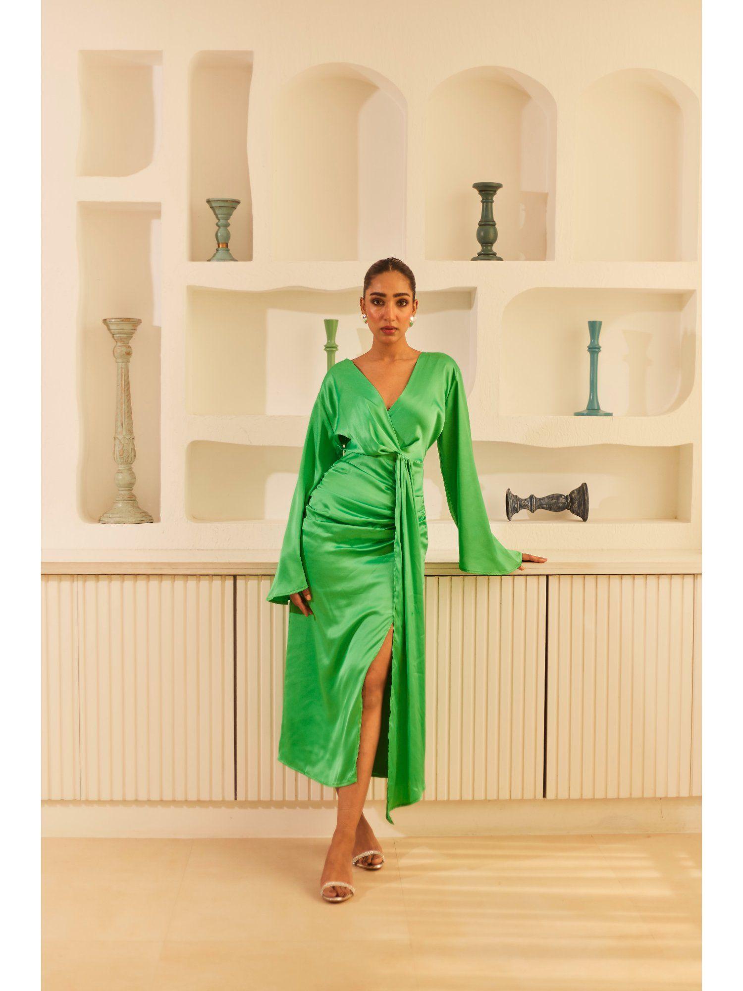 green draped satin midi dress