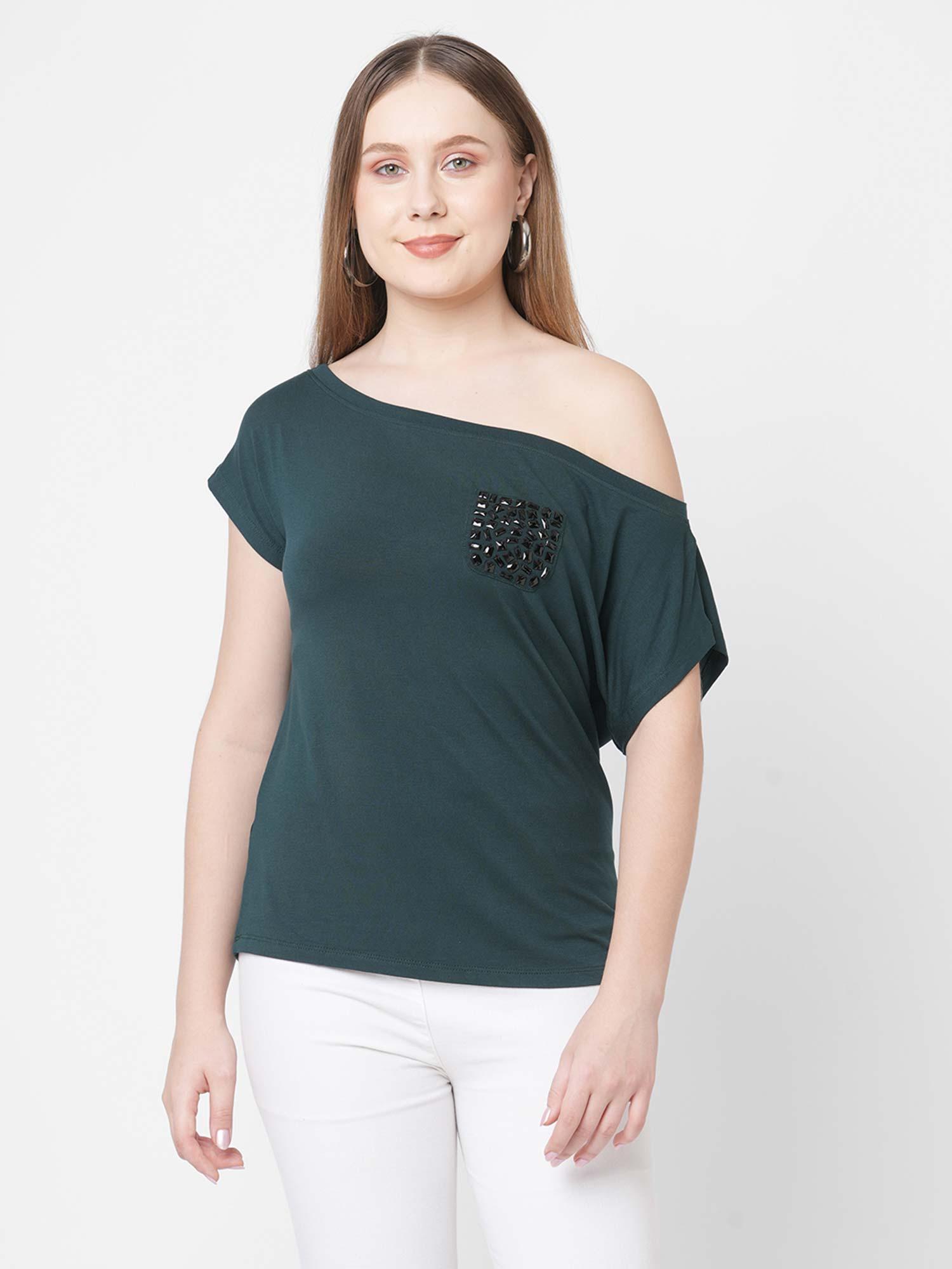 green drop shoulder embellished pocket t-shirt