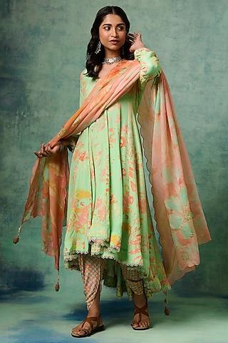 green dull crepe printed & embroidered kurta set