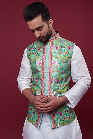 green dupion digital printed bundi jacket