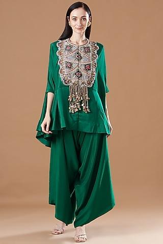 green dupion embroidered boho cape set