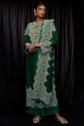 green dupion embroidered kurta set