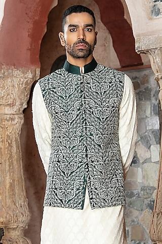 green dupion raw silk blend embroidered nehru jacket