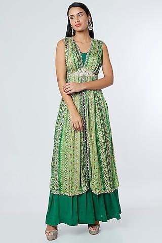 green dupion silk & crepe chiffon embroidered cape set