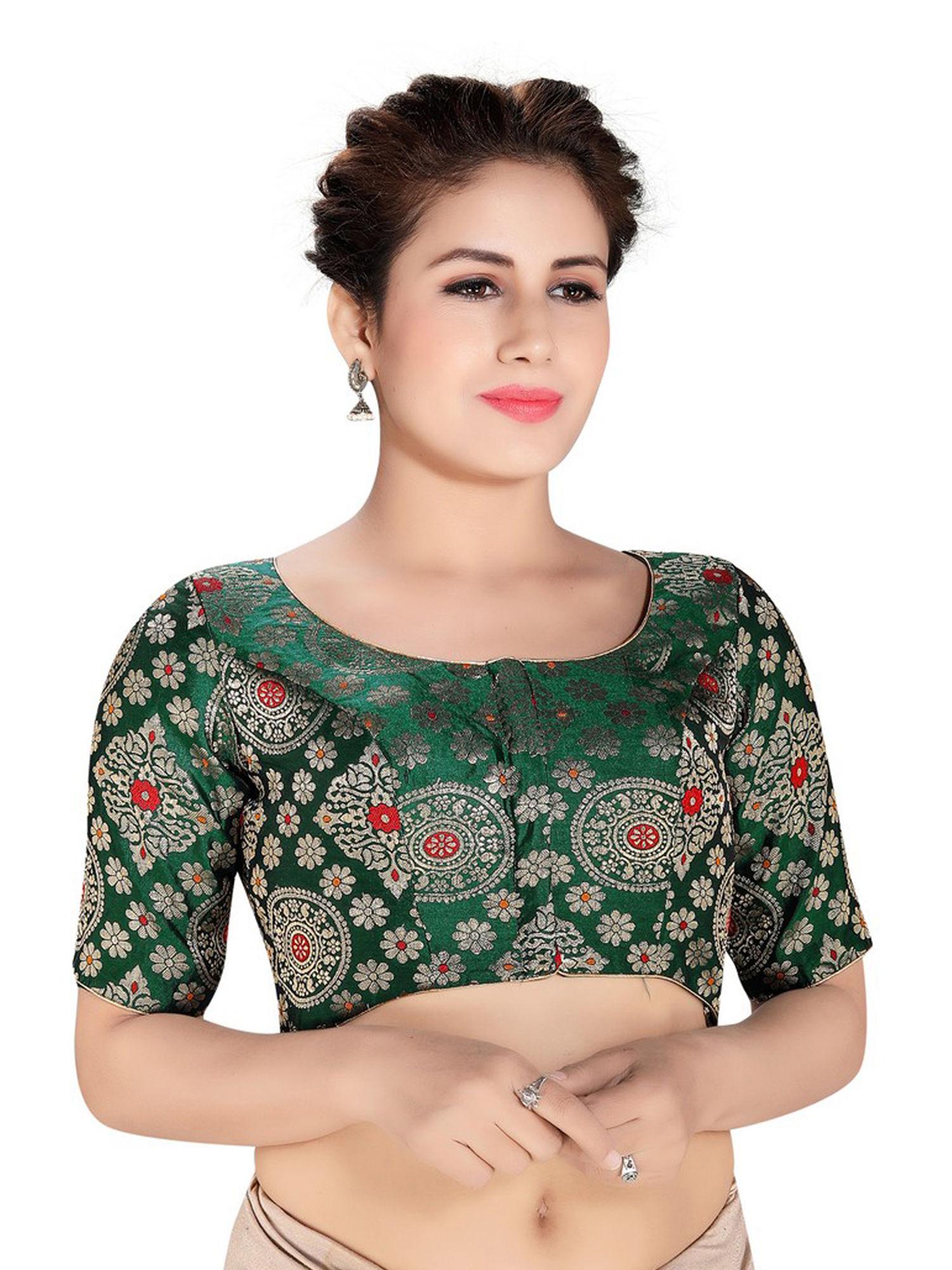 green dupion silk brocade readymade saree blouse