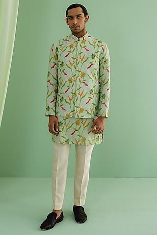 green dupion silk digital printed bundi jacket with kurta set