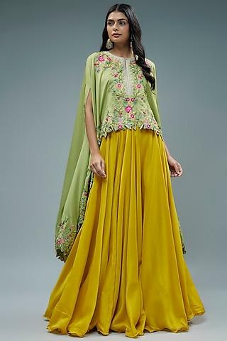 green dupion silk thread embroidered cape set