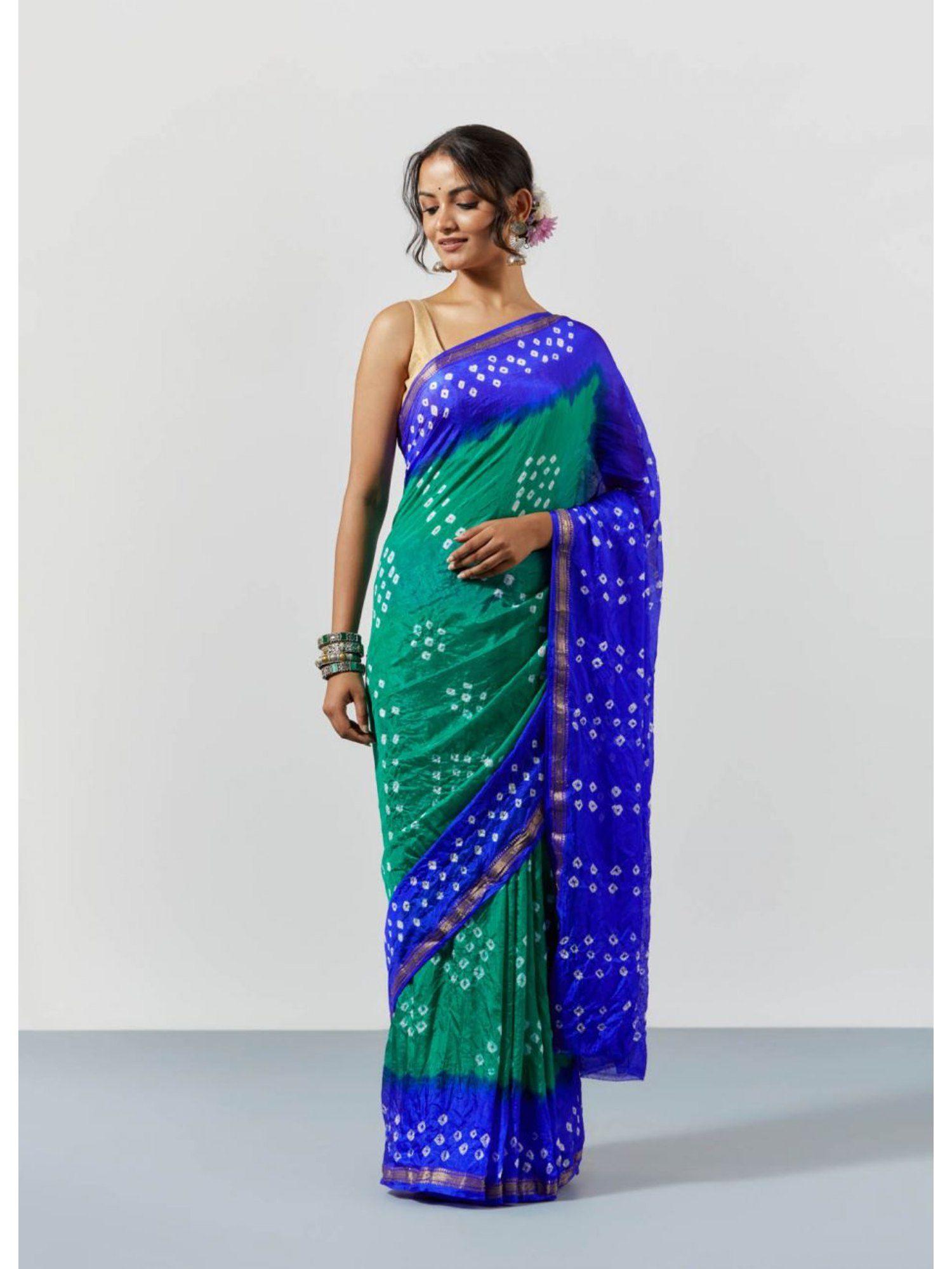 green dyed bandhani silk saree with unstitched blouse