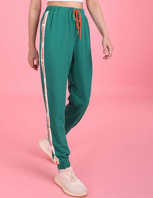 green elasticised waist brand tape cotton joggers