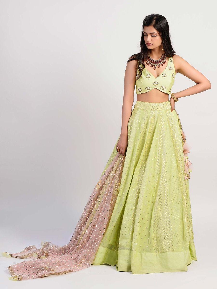 green embellished blouse and lehenga with dupatta (set of 3)