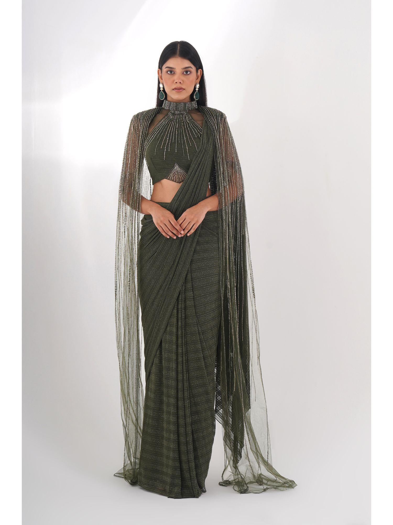 green embellished cape style drape saree with stitched blouse