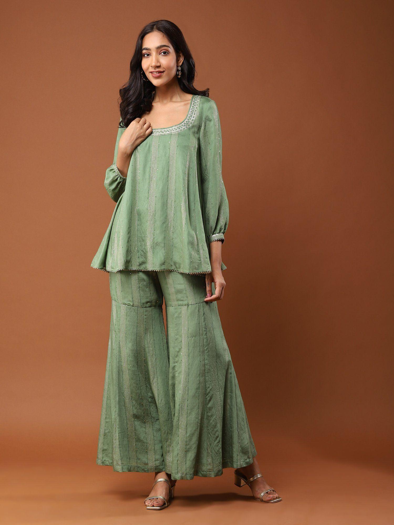 green embellished ensemble kurta with pant (set of 2)