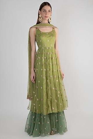 green embellished jute anarkali with dupatta