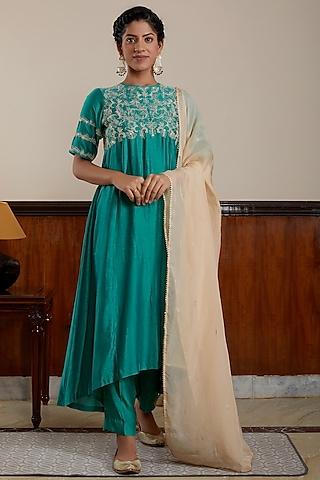 green embellished kurta set