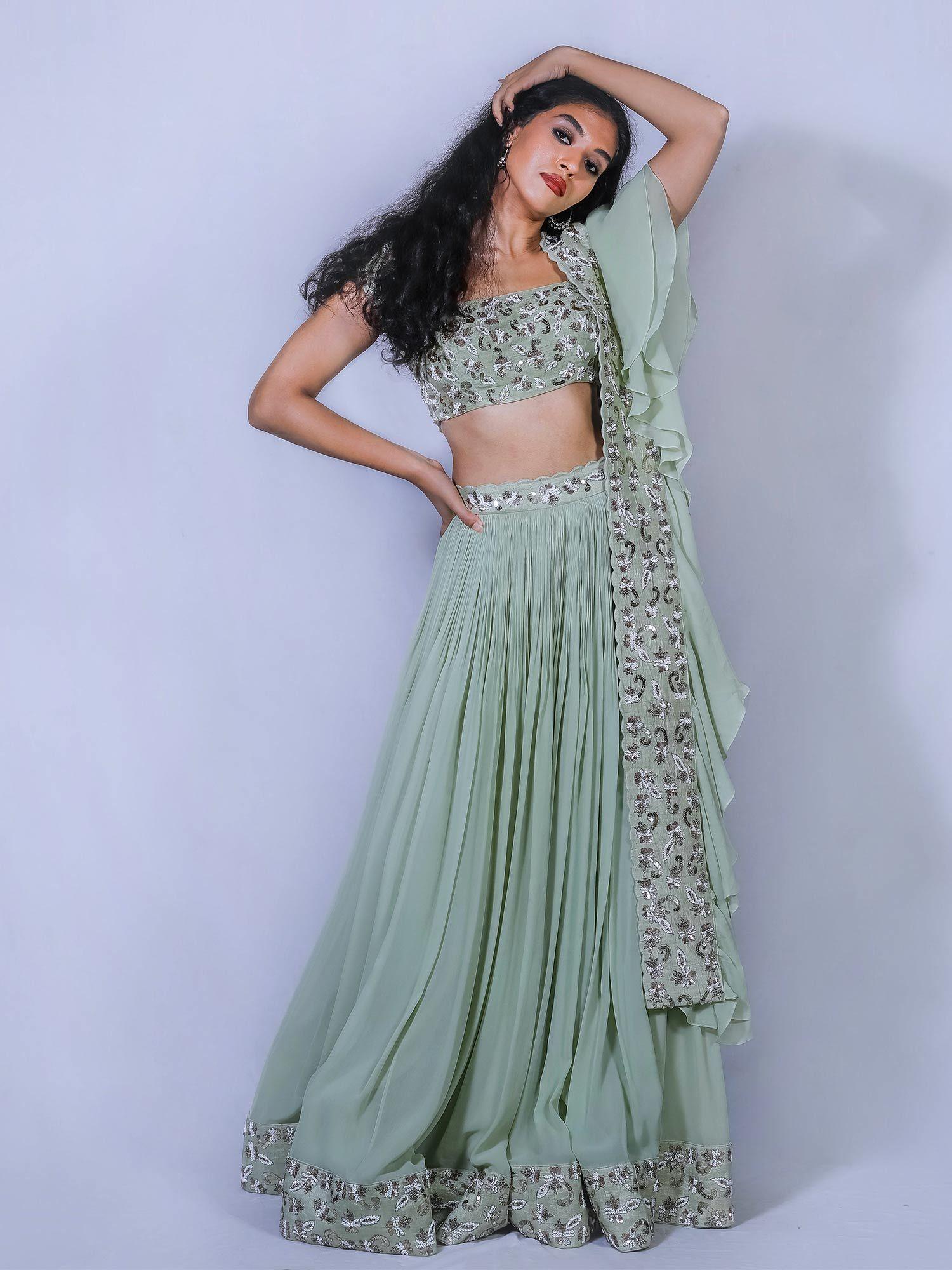 green embellished lehenga and choli with dupatta (set of 3)