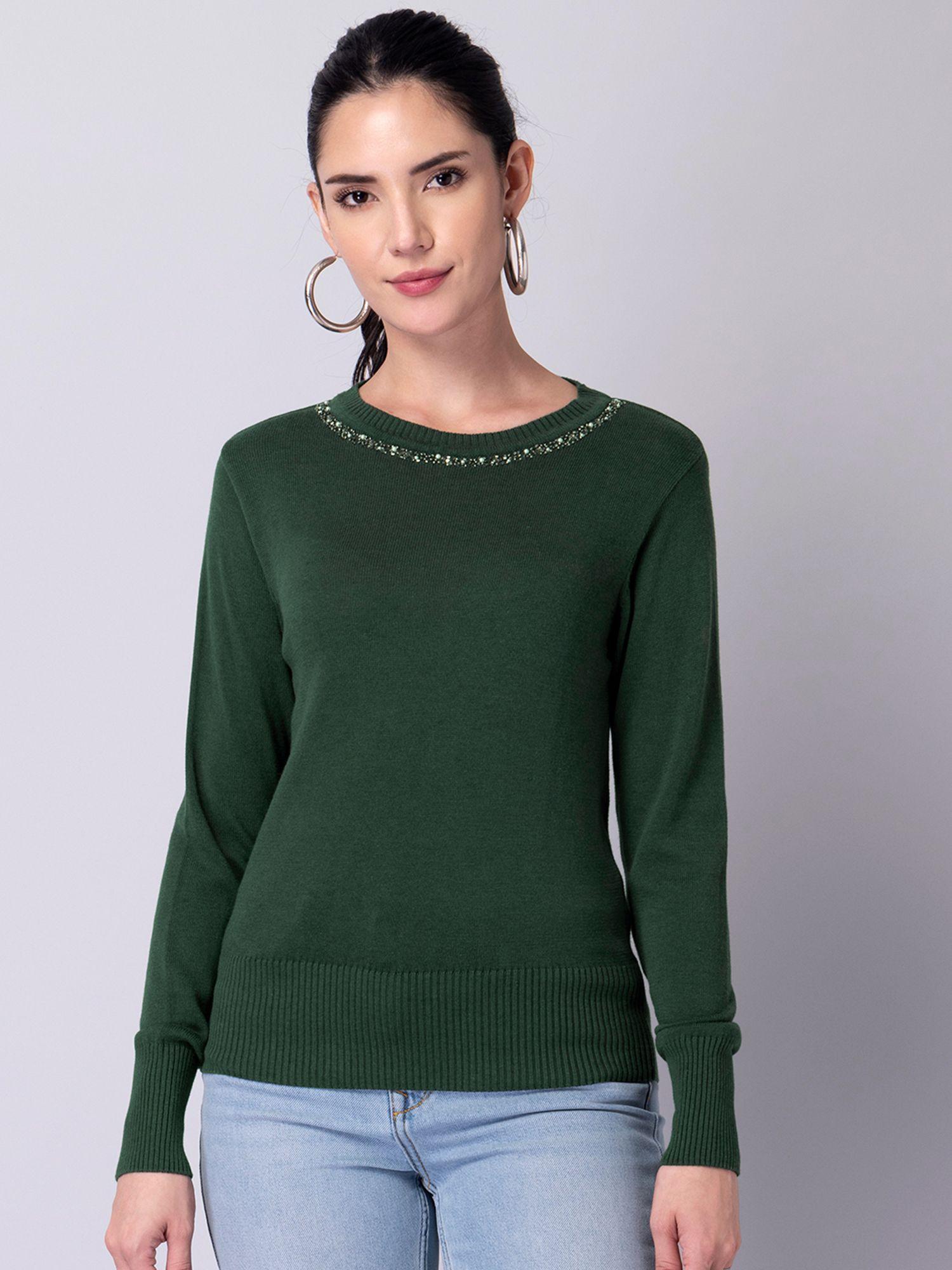 green embellished neck sweater