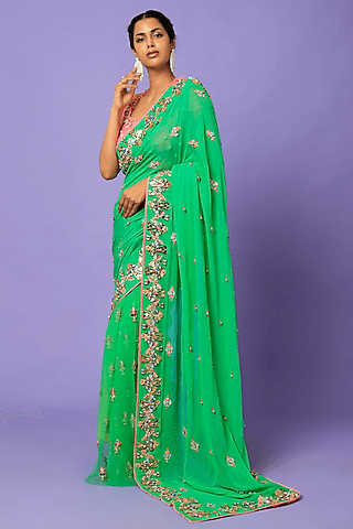 green embellished pre-stitched saree set