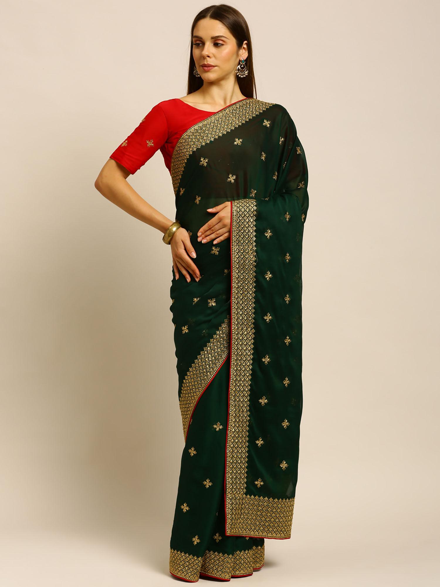 green embellished sequined saree with unstitched blouse