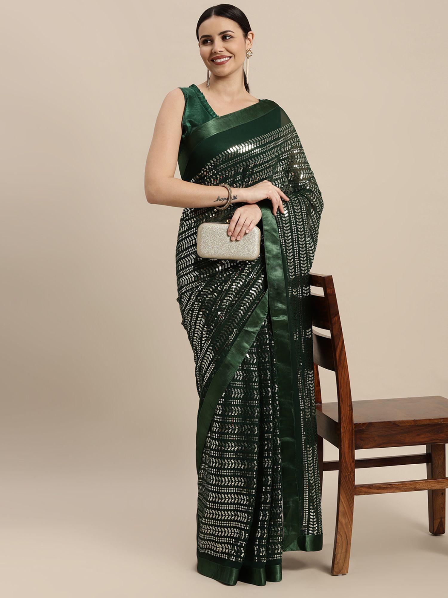 green embellished sequinned celebrity saree with unstitched blouse