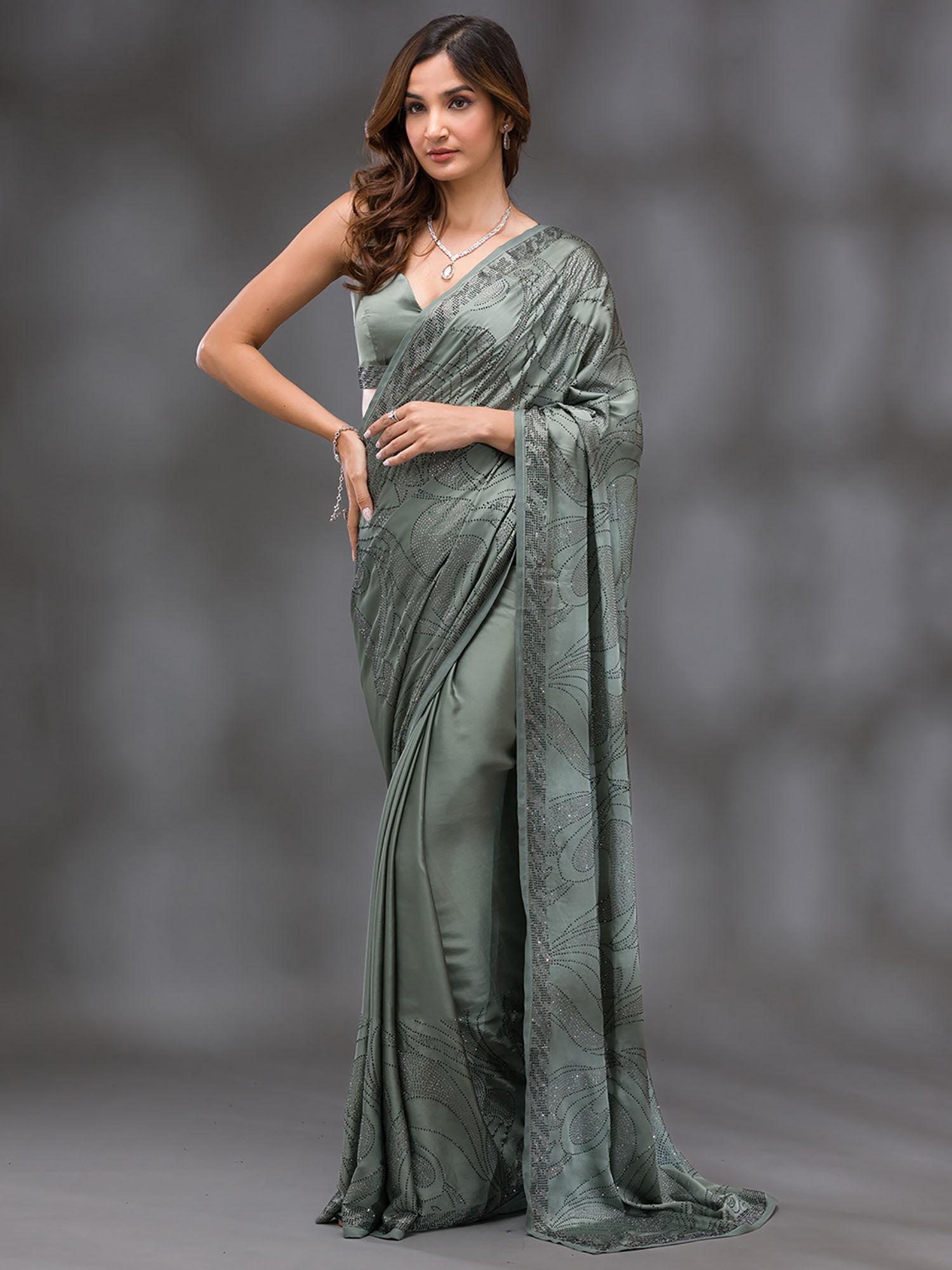 green embellished swarovski stone crepe saree with unstitched blouse