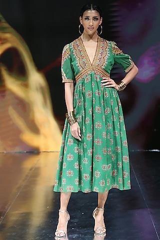 green embroidered & print dress