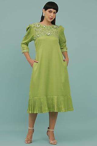 green embroidered a-line dress