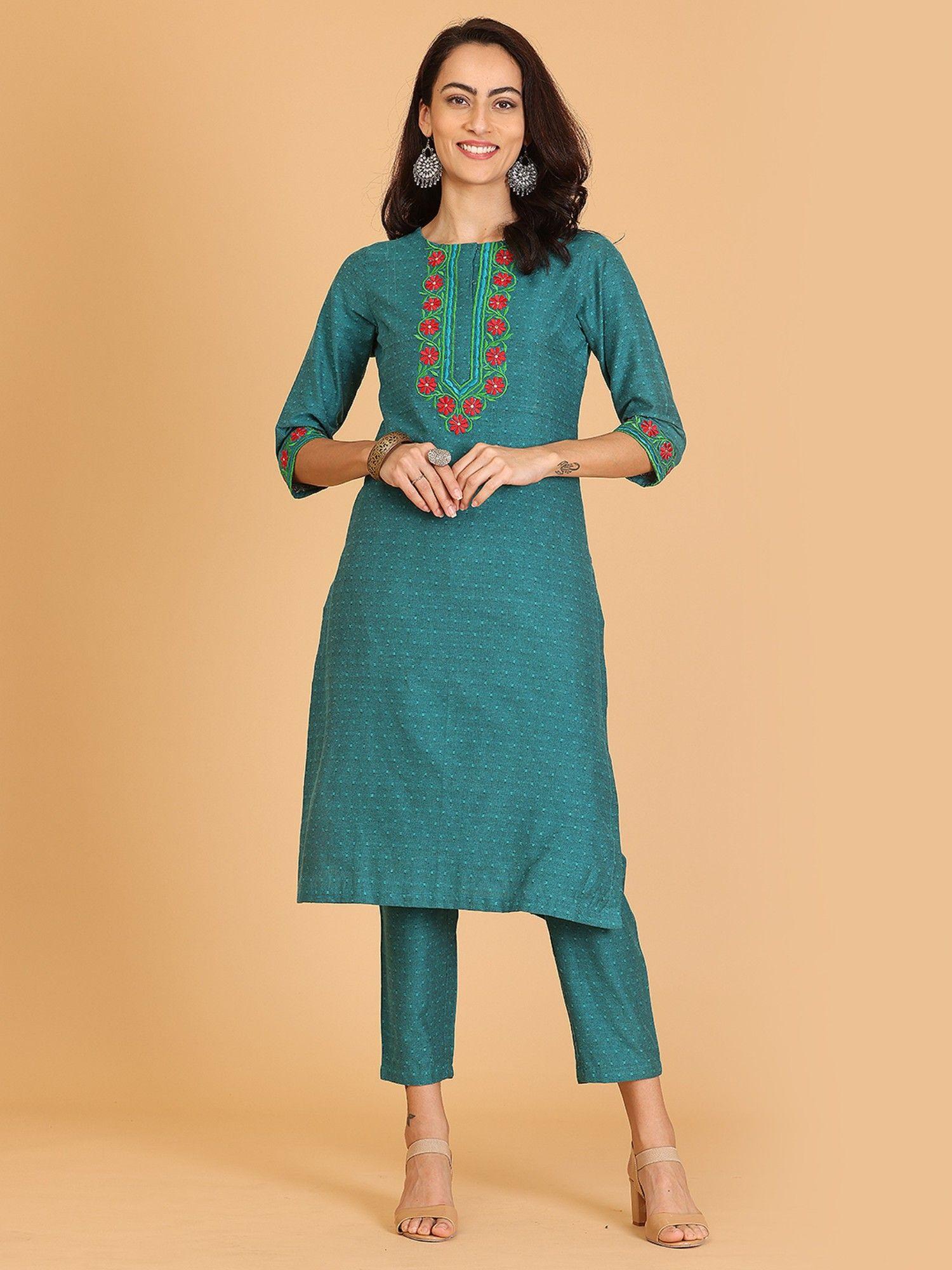 green embroidered a-line kurta with pant (set of 2)