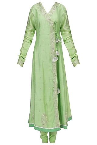 green embroidered angrakha anarkali set