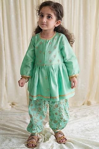 green embroidered angrakha kurta set for girls