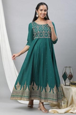 green embroidered ankle-length ethnic women loose fit dress