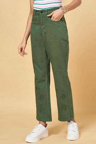 green embroidered ankle-length high rise casual women flared fit jeans