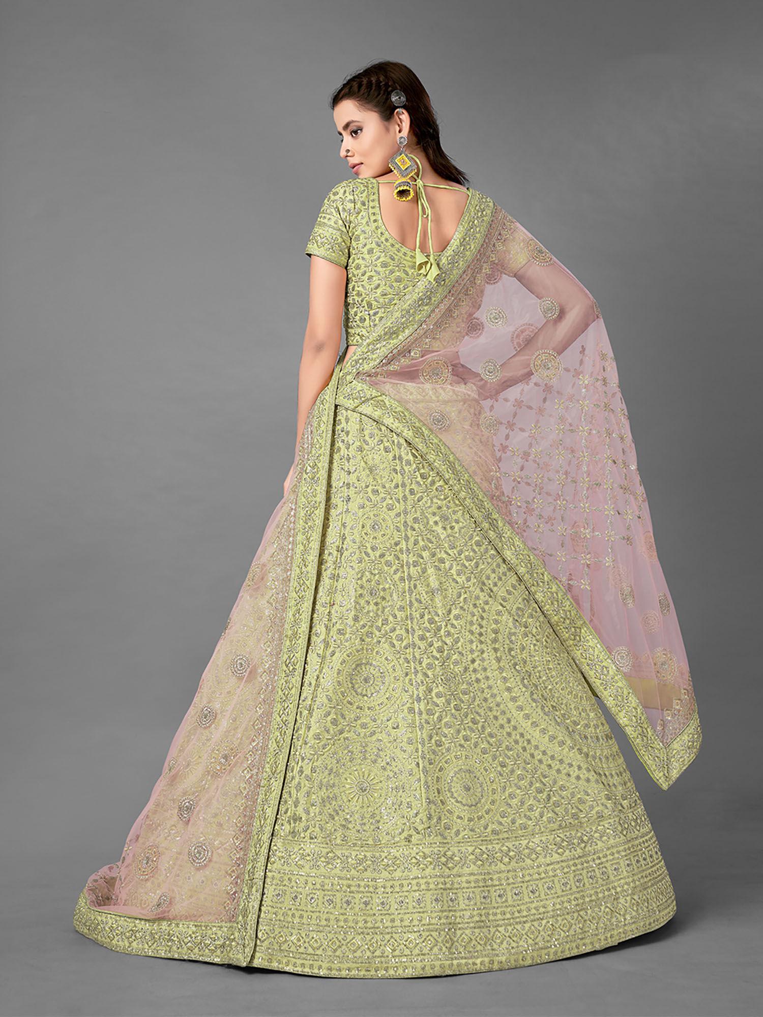 green embroidered art silk semi stitched lehenga with unstitched blouse (set of 3)