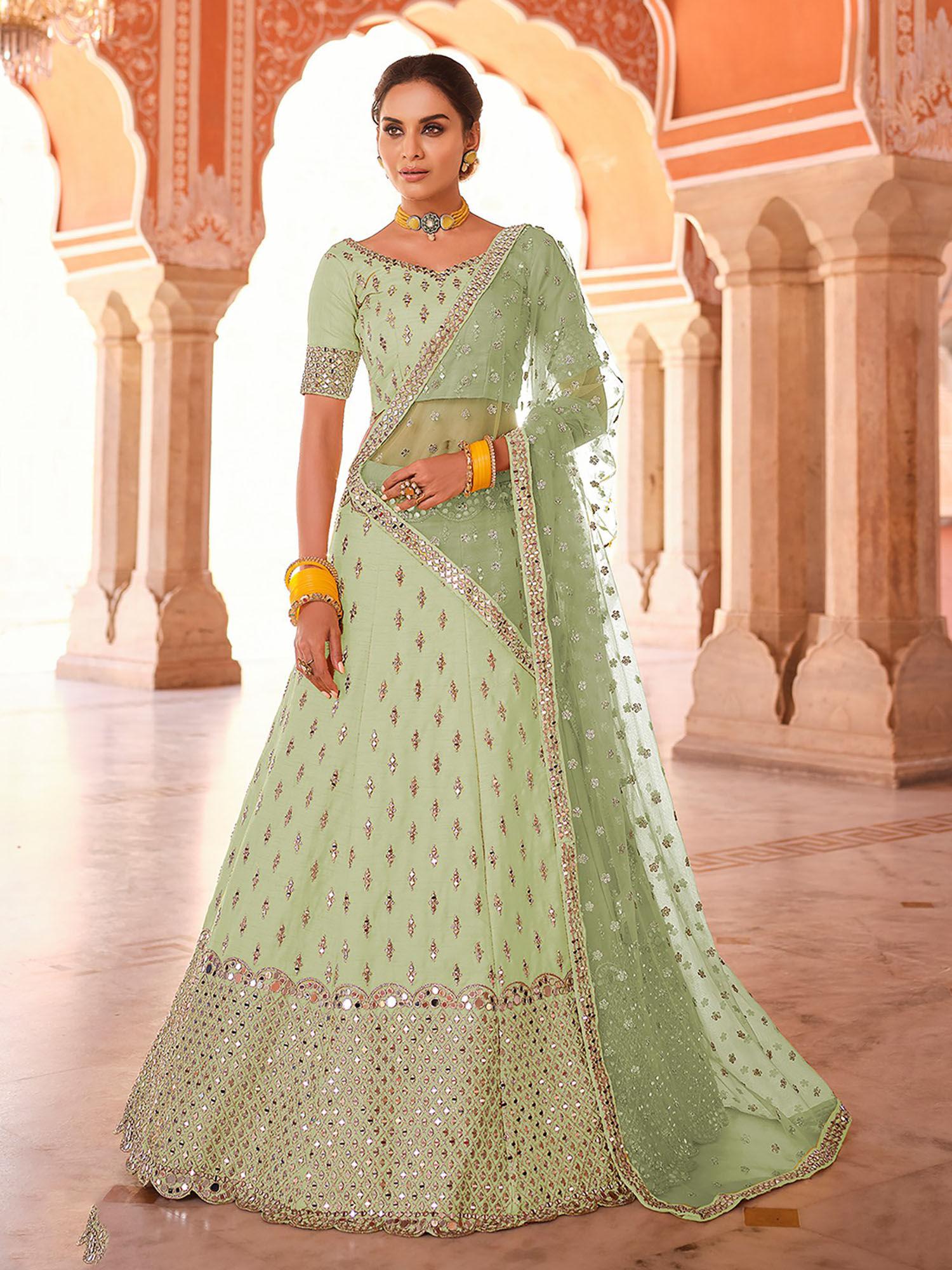 green embroidered art silk semi stitched lehenga with unstitched blouse (set of 3)