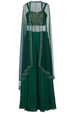 green embroidered bustier with sharara pants and cape