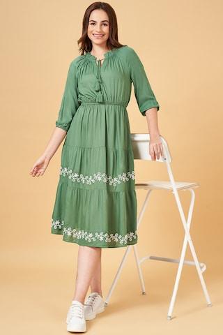 green embroidered calf-length  casual women comfort fit  dress